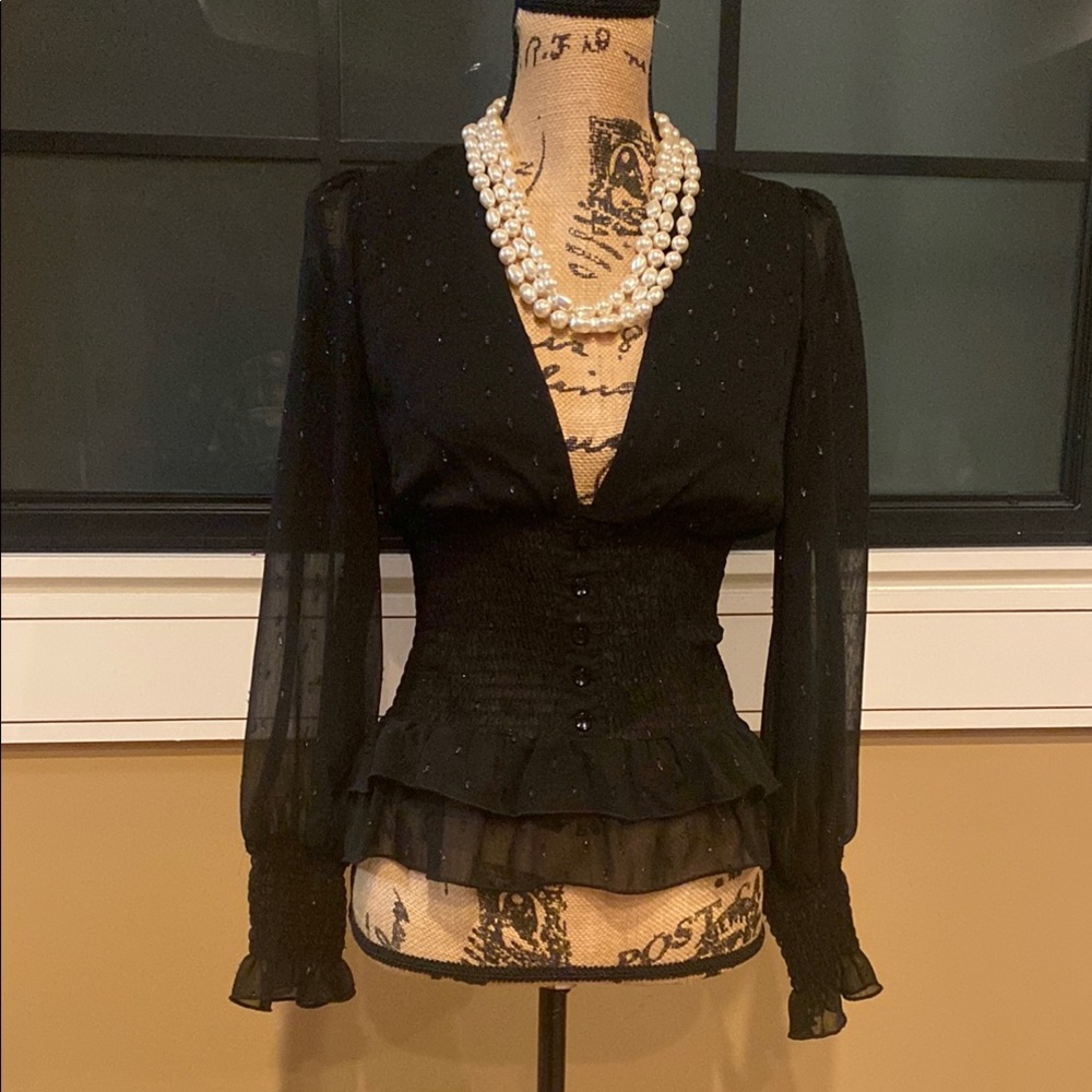 Franco Elegant Black Sheer Blouse. Sz Sm. NWT. PTP 15.5"